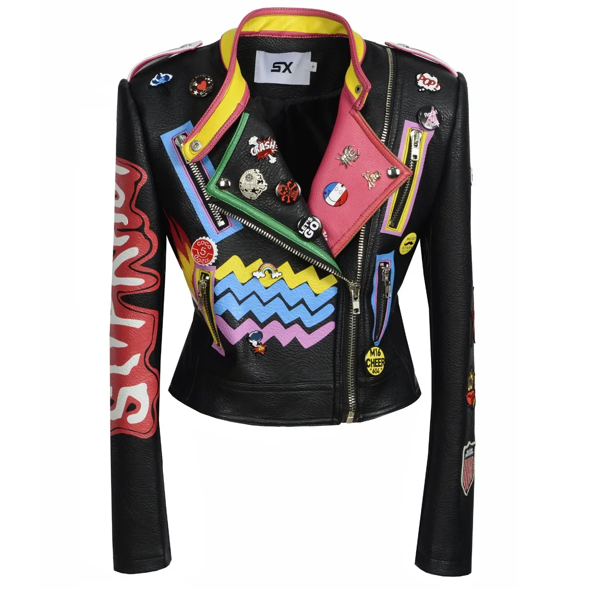 Print Graffiti Rivets Punk Coats Fashion Brand Coat PU Leather Jacket Women Leopard Slim Locomotive Cropped Jacket Leather Top