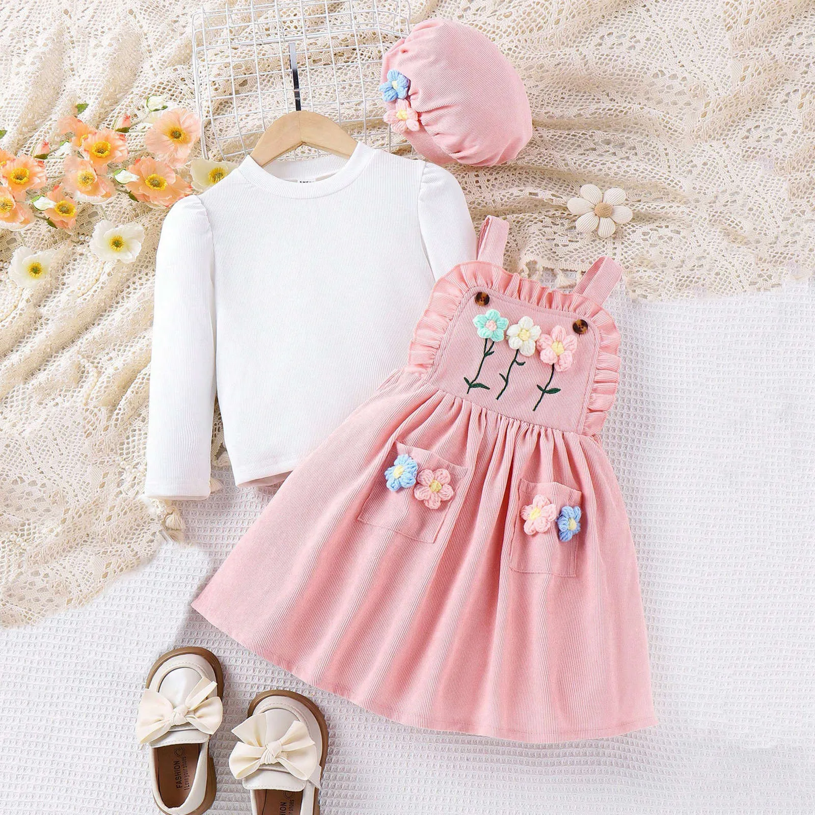 2024 Autumn Winter Girls Clothes Long-sleeved Top+Floral Splice Suspenders Dress+Cap 3 Pieces Set Casual Kids Clothes Age 3T-8T