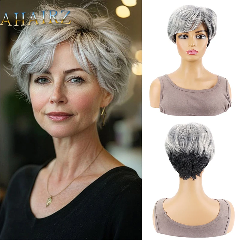

Synthetic Wigs Short Curly Gray Gradient Black Wigs with Side Bangs For Women Daily Wear Wig High Temperature Fiber
