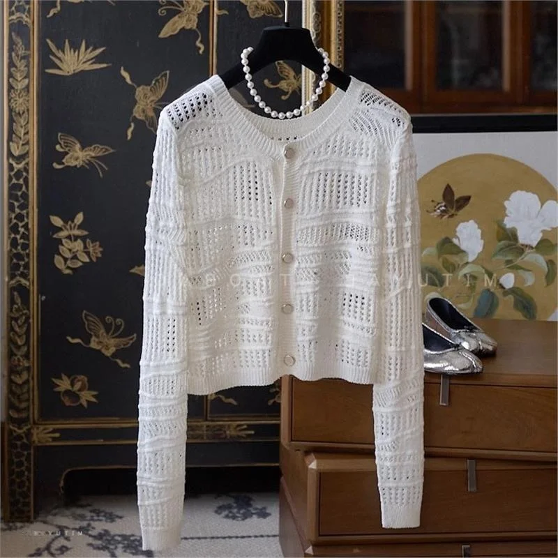 Ele Hollow out Knitwear Women's White Faionable Top High Quali Premium Design Commute Sle Long Sve Button down