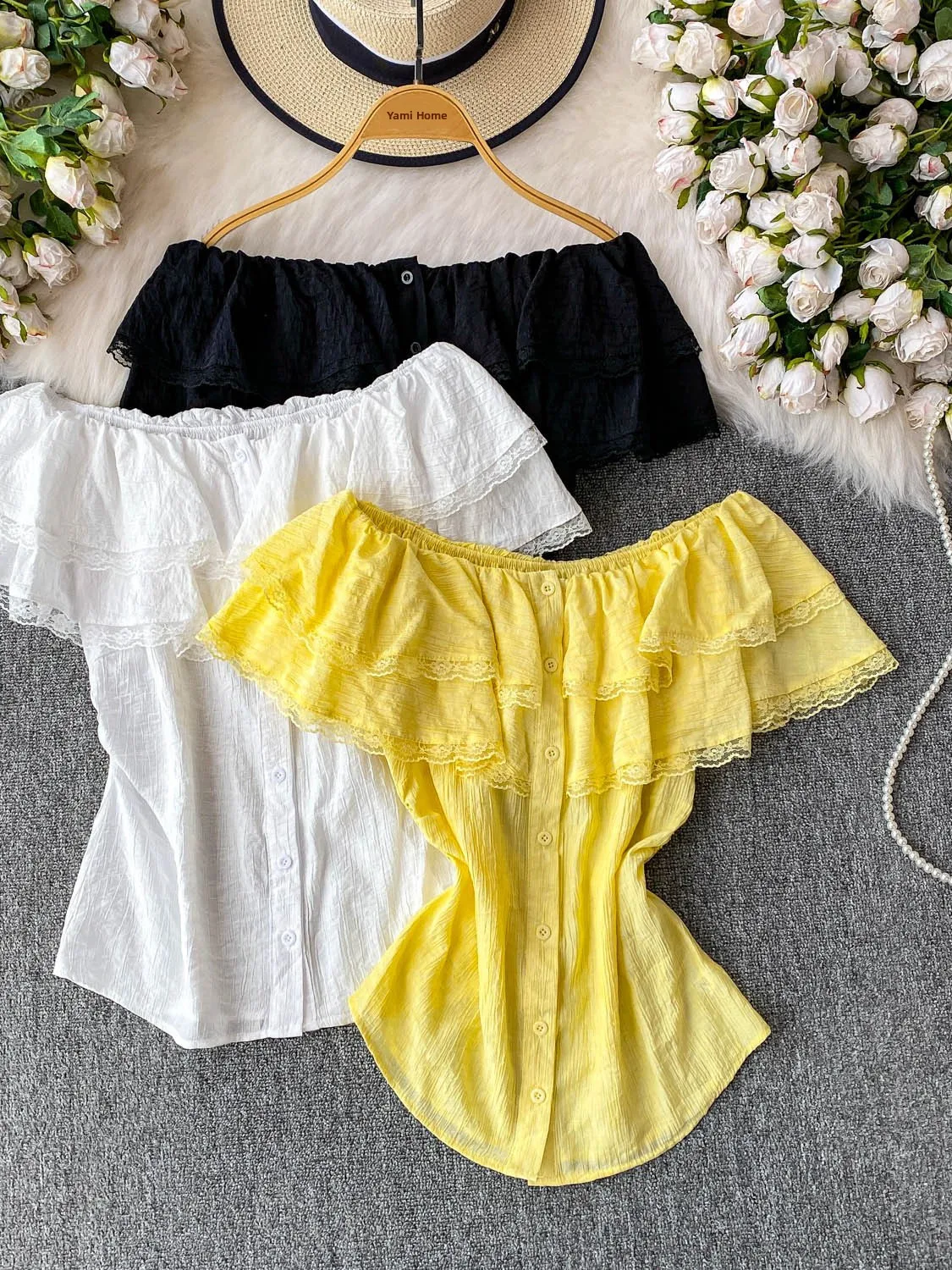

Retro Double Layer Lace Trim oulder Bridesmaid irt Women's Summer Pleated Waist Slimming Single Button Top Korean Sle