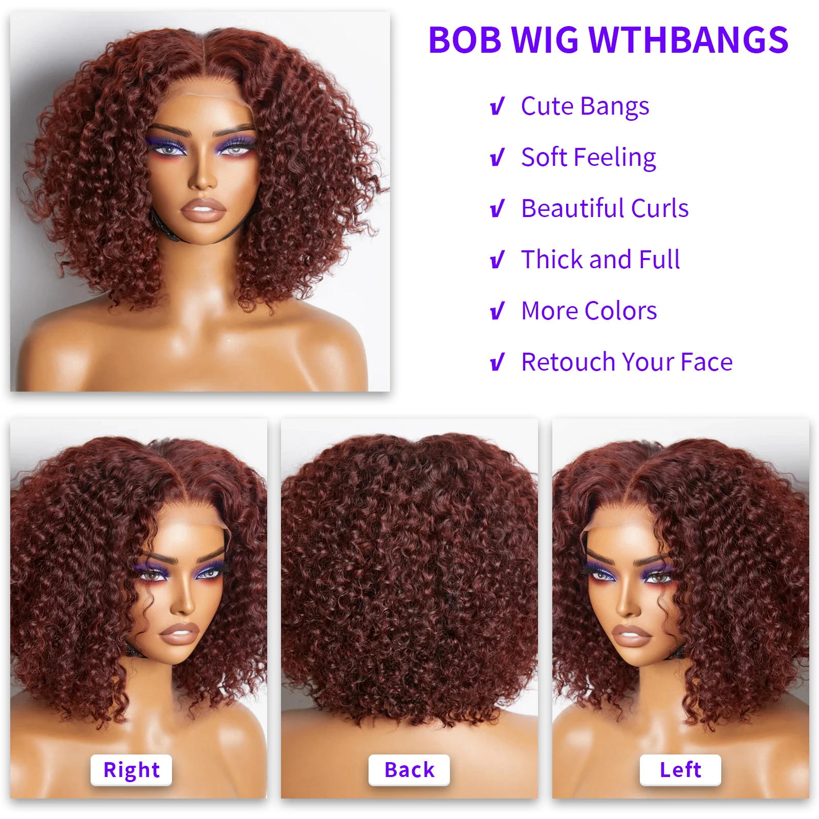 Perucas de Bob Encaracolado com T Part Lace, Onda de Água, Pré-Arrancado, Cabelo Humano Pré-Arrancado, Vermelho e Marrom, Vermelho