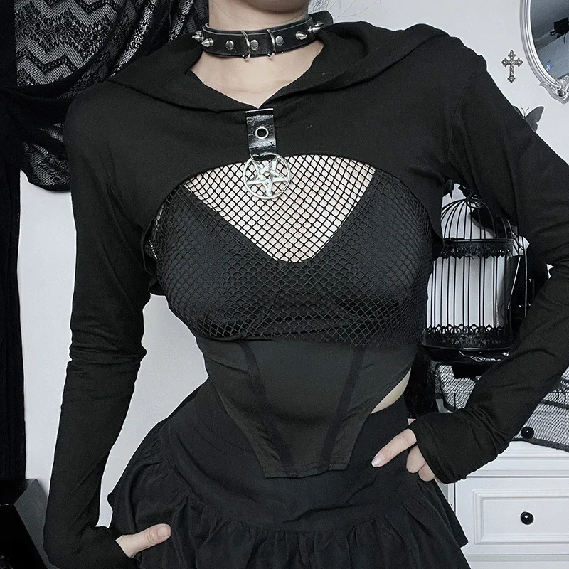 Streetwear Gothic Sweatshirt Hoodle Women Mesh Patchwork Long Sleeve Cyber Y2k Harajuku Grunge Hoodies Dark Hooded Pullovers Top