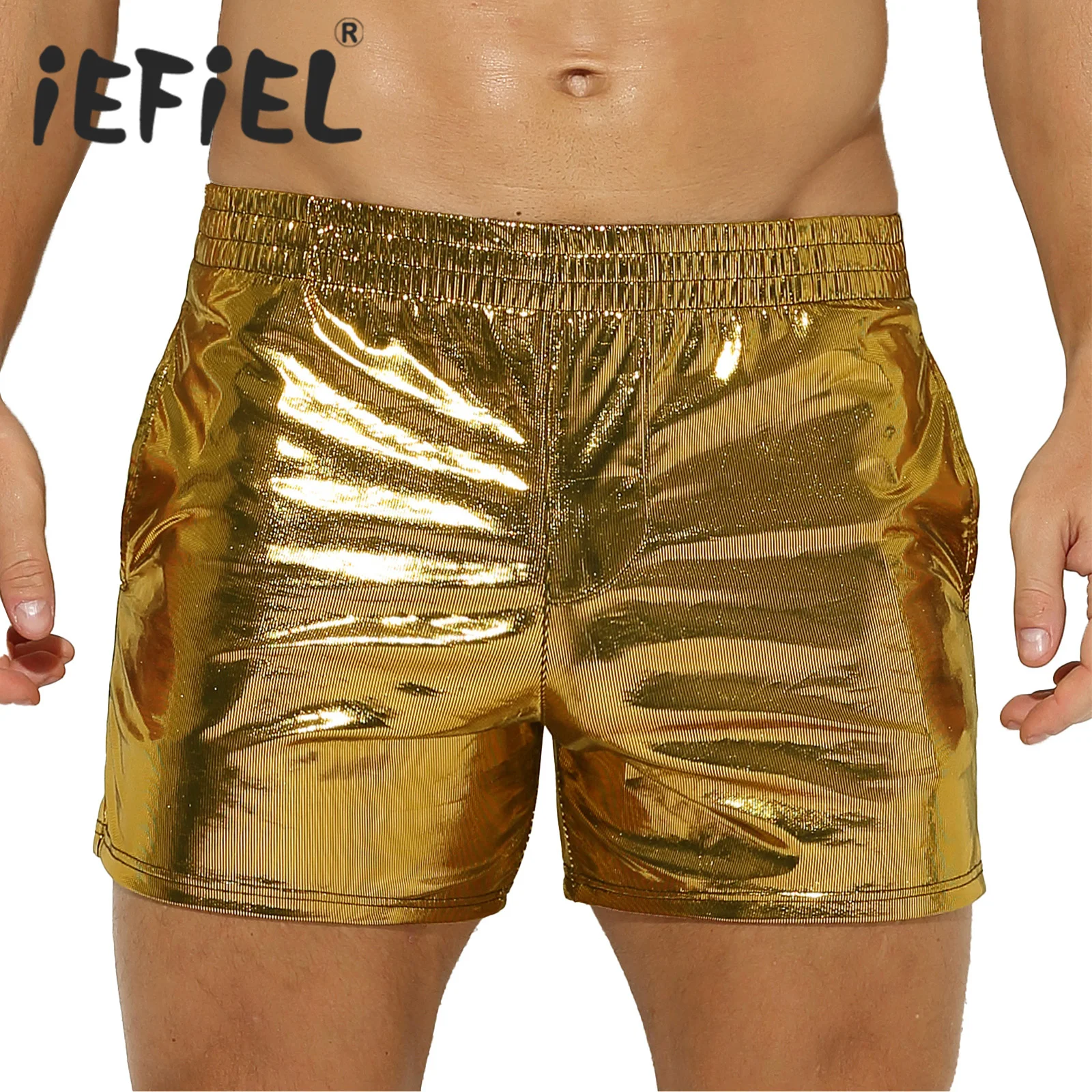 Mens Fashion Boxer Shorts Shiny Faux Leather Low Rise Bottoms Short Hot Pants with Pockets for Club Party Nightclub Stage Show