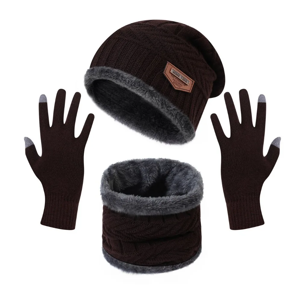 

4pcs/set Soft Winter Beanie Hat Scarf Set Thicken Thermal Protection Thermal Knitted Gloves Cap Fleece Lined Warm Wool Hat