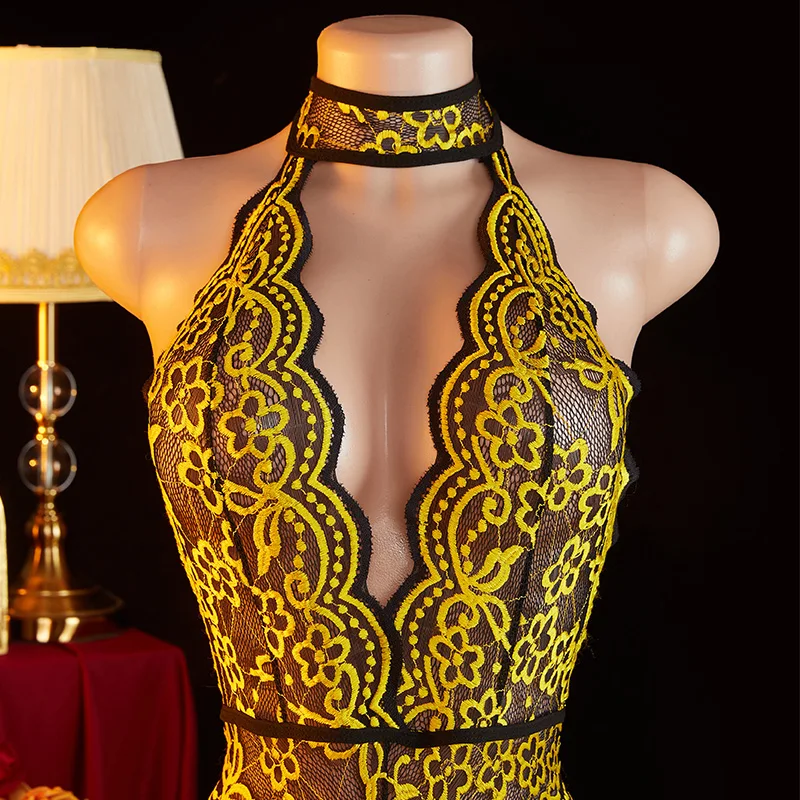 Transparent Yellow Lace Backless Sexy Women's Lingerie Open Crotch Deep V Bodysuit Teddy Dolls Crotchless Erotic Exotic Costumes image 2