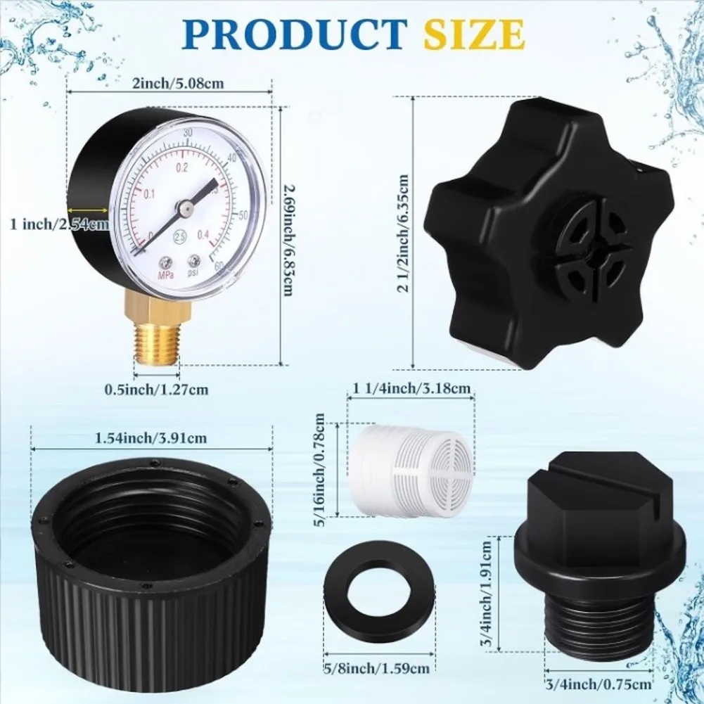 ECX270861 Pressure Gauge SX180LA Drain Cap SX180HG Drain Cap SPX1700FG Pipe Gasket Set Designed for Hayward Sand Filter Models