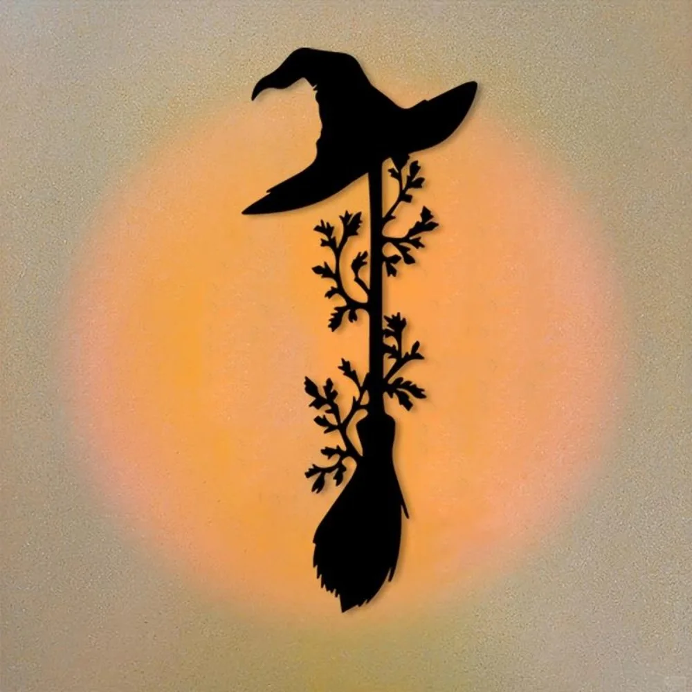 Vintage Witch Hat Broomstick 2D Metal Wall Art, Outdoor Garden Patio Decor Gift for Witch Lovers