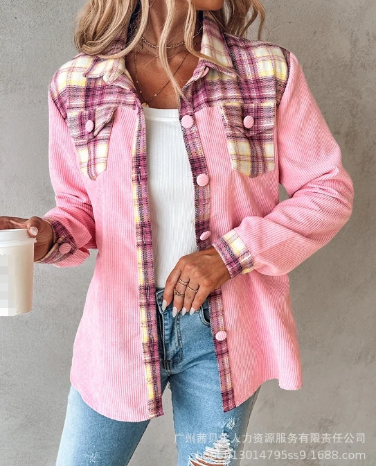 Commuting Style Women's Cardigan 2024 Spring Autumn New Fahsion Flip Collar Long-Sleeved Plaid Coat In Contrasting Colors Jacket