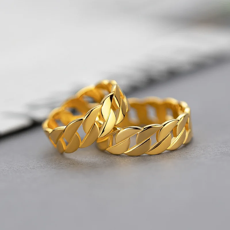 24K real gold Cuban Chain Ring Fashion ins simple design Internet celebrity 9999 gold cold wind chain ring