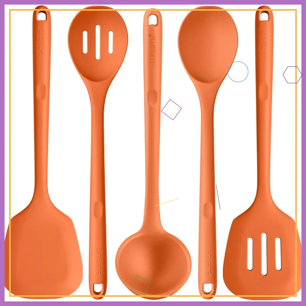 

Набор термостойких силиконовых кухонных принадлежностей: 5 оранжевых инструментов для жарки, сервировки и смешивания