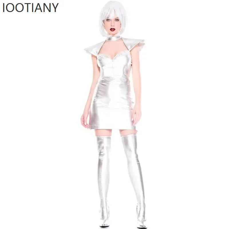 

Halloween Party Women's Costume Pretty Girl Space Costume Role Play Planet Silver Tin Man Uniform Stage Performance Costume New