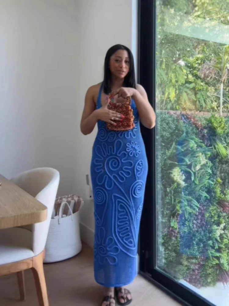 

Straight Knitted Dress Beach Style Women Summer Halter Neck Slim Tank Top Dress Sleeveless Streetwear Sexy Blue Dress Backless