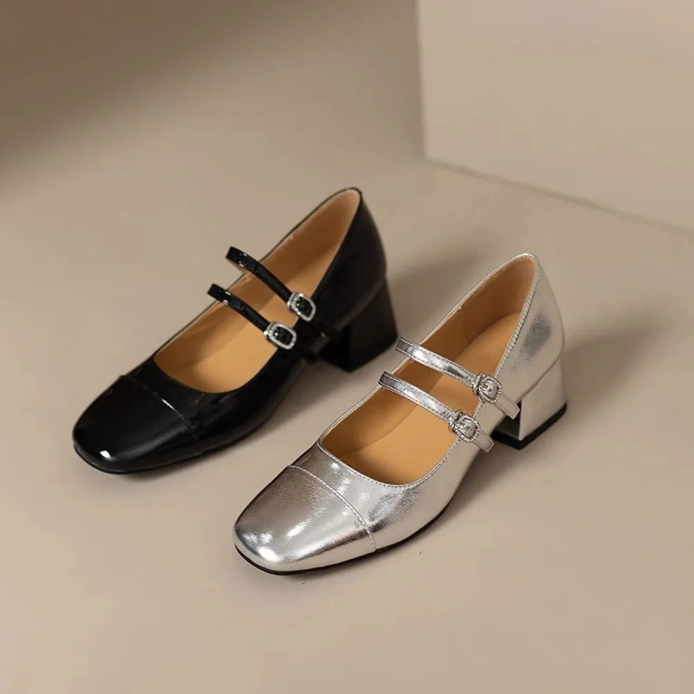 

Women Retro Silver Shoes Spring Autumn Square Toe Shallow Mouth Chunky Heel High Heels Buckle Mary Jane Shoe Zapatillas Mujer