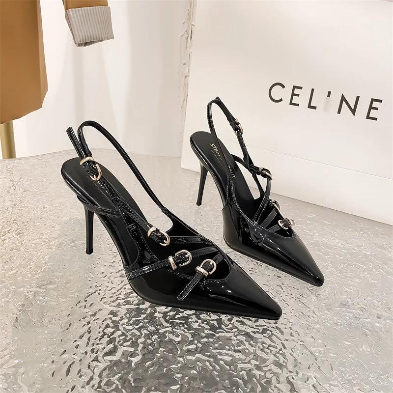 

Metal Buckle Closed Toe Slingback Women's Sandals Pointed Toe Patent Leather Stiletto High Heels Design Back Strap Sandals 2024