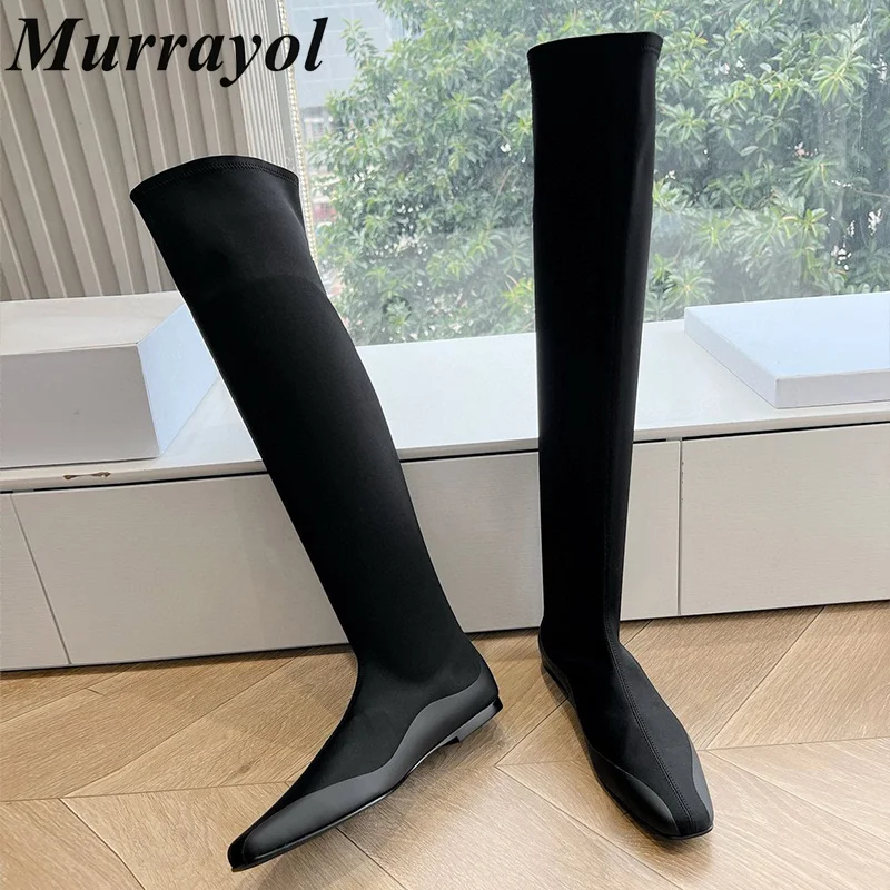 

Square Toe Splicing Elasticity Long Boots Women Solid Color Flat Bottom Over-the-knee Boots Autumn Winter Fashion Modern Boots