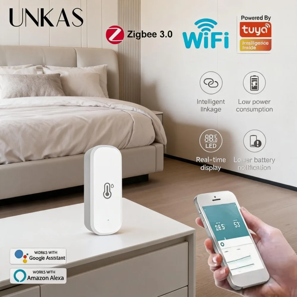 Works with Tuya Zigbee 3.0/WIFI Smart Temperature Humidity Sensor Thermometer Hygrometer APP Remote Alarm Google Assistant Alice