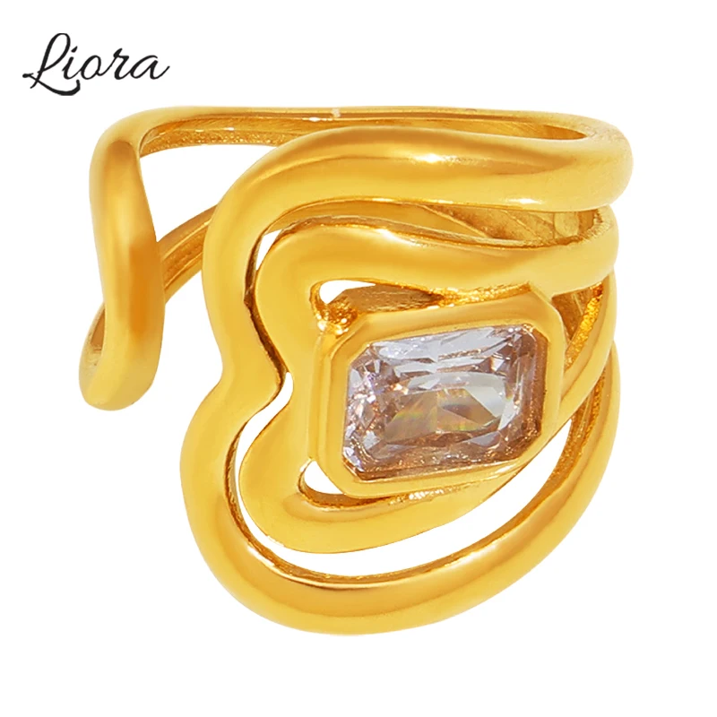 

Liora Hollow Heart Open Rings For Women 316L Stainless Steel Square Crystal Women Charm Rings Waterproof Fashion Jewelry