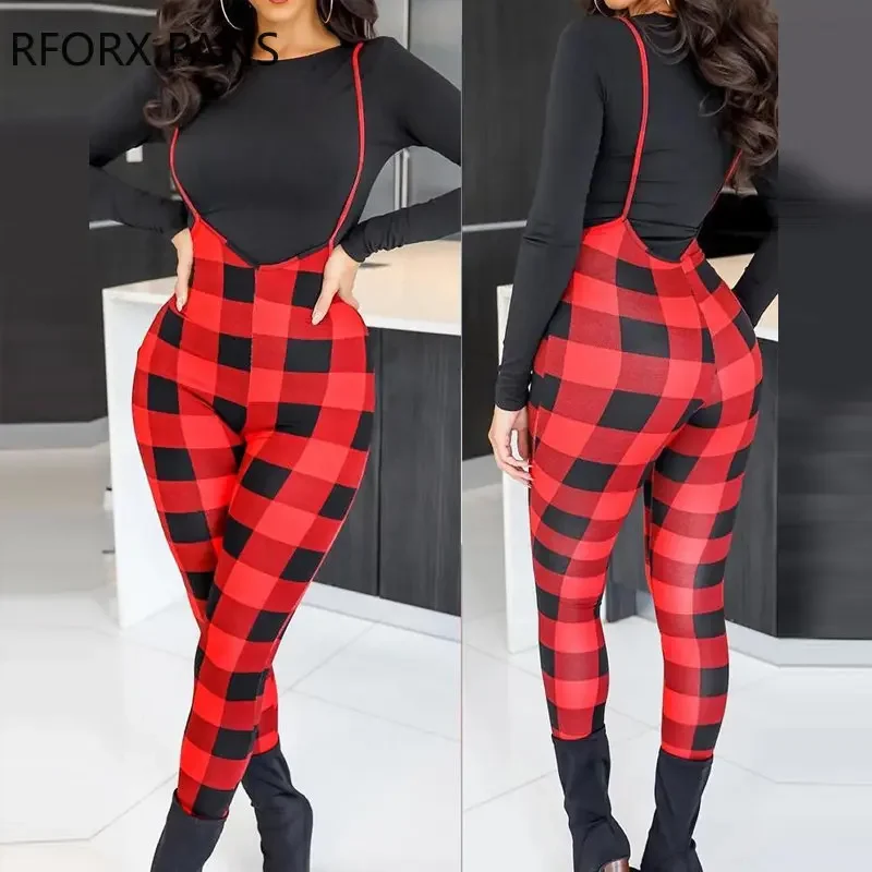 

Women Casual Plaid Pattern Spaghetti Straps Skinny Leg Suspender Jumpsuit Set