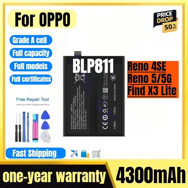 

BLP811 for OPPO Reno 4SE/Reno 5/5G/Find X3 Lite Phone Battery High Quality High Capacity Replacement Bateria Grade A Cell