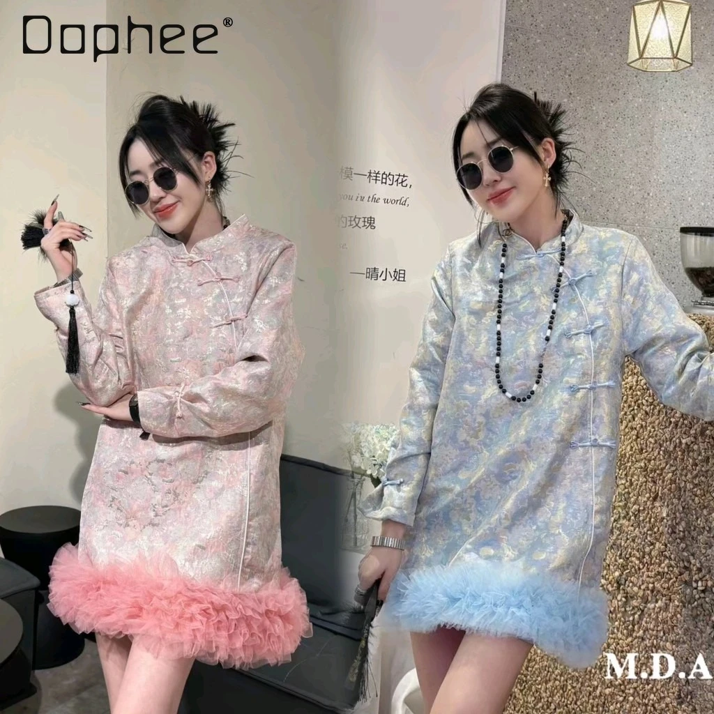 تحسين النمط الصيني تشيباو للنساء الربيع والخريف الساتان الجاكار النمط الوطني زر الحرفية الثقيلة فستان فضفاض أنيق #1