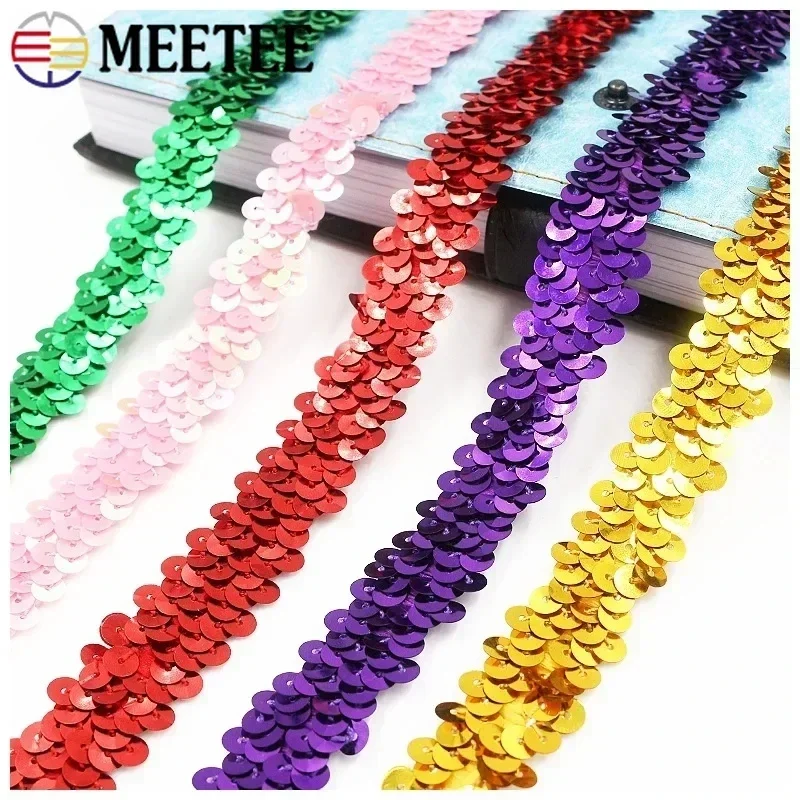 5/10/25Meters Meetee 2cm Sequins Strech Lace Ribbons Gold Silver Elastic Trims for Dance Dress Paillette DIY Sewing Accessories