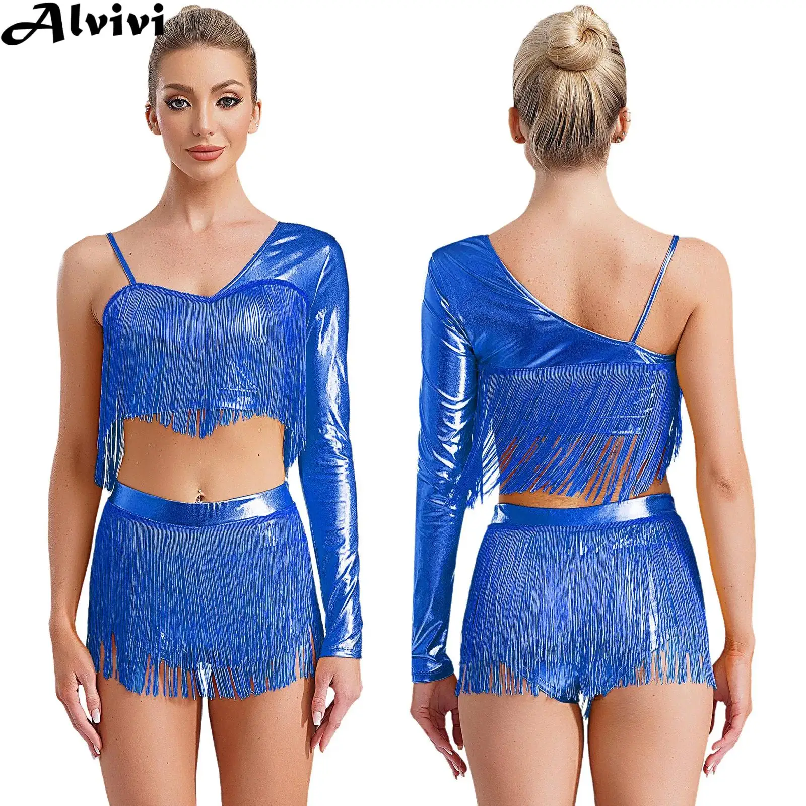 

Women Latin Jazz Dance Outfit Cha-cha Samba Rumba Performance Costume Single Sleeve Metallic Tassels Crop Top with Zipper Shorts