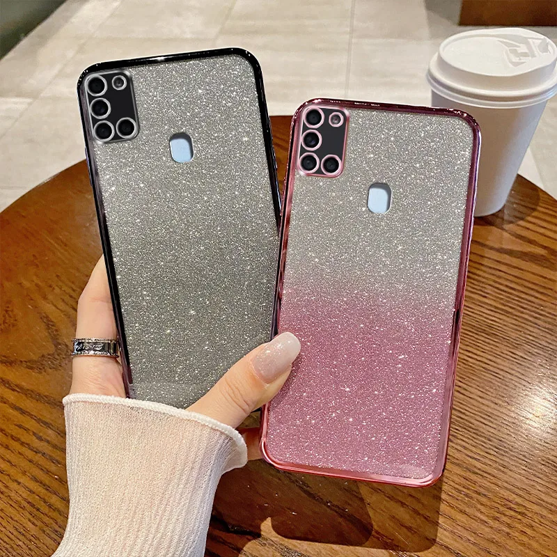 For Samsung Galaxy A21S Case Samsung SM-A217F, SM-A217M Phone Case Shiny Glitter Plating Silicone Camera Lens Soft Back Cover