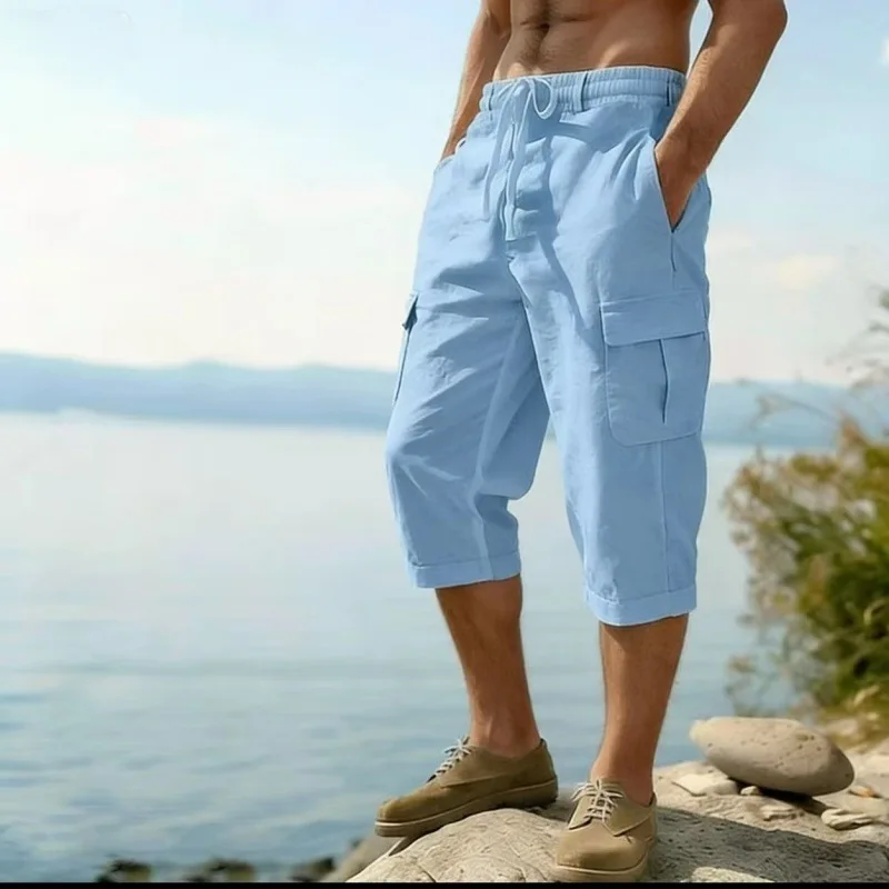Men Multi Pockets Cargo Capri Pants Drawstring Elastic Waist Loose Cropped Casual 3/4 Length Trousers