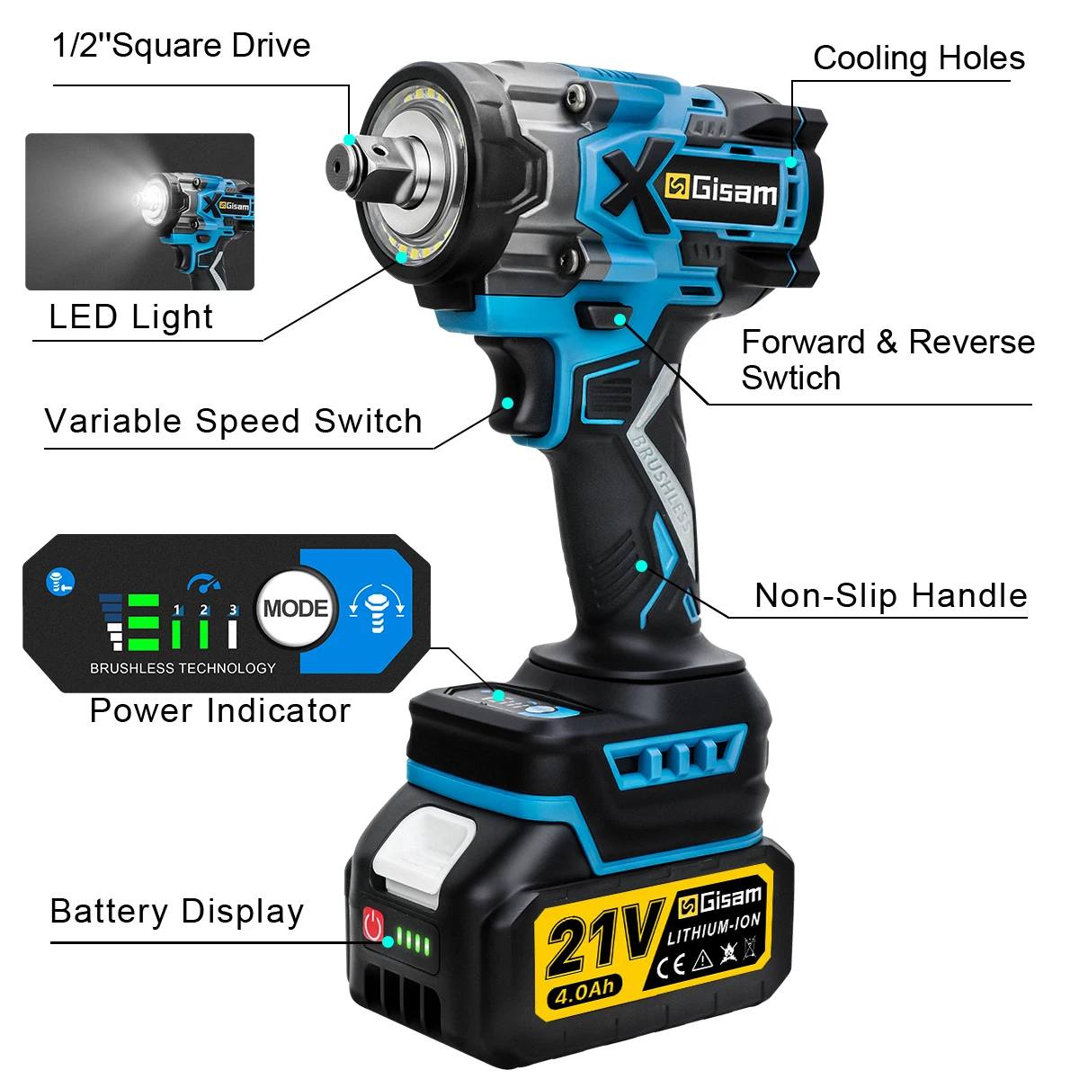 Gisam 800N.M Torque Brushless Electric Impact Wrench 1/2 inch Cordless Wrench Screwdriver Power Tools For Makita 18V Battery Pin