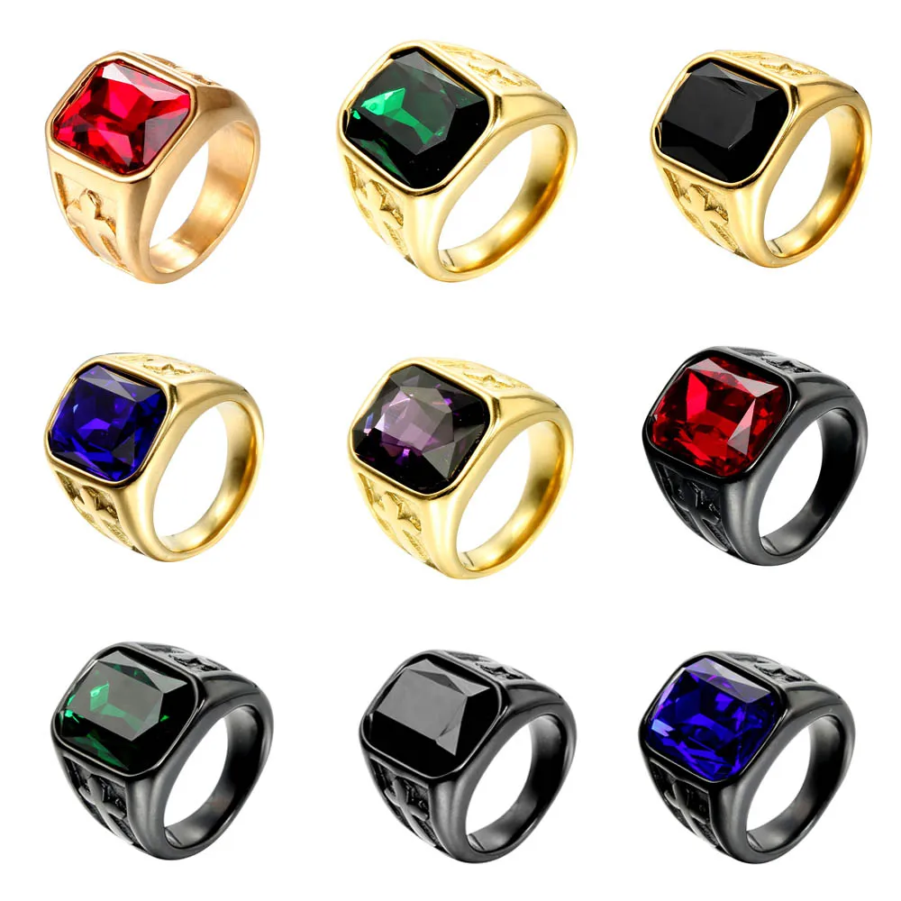 Punk Creative Multi-colored Stone Rings for Men Women Party High Quality Vintage Stainless Steel Cross Ring Jewelry Wholesale