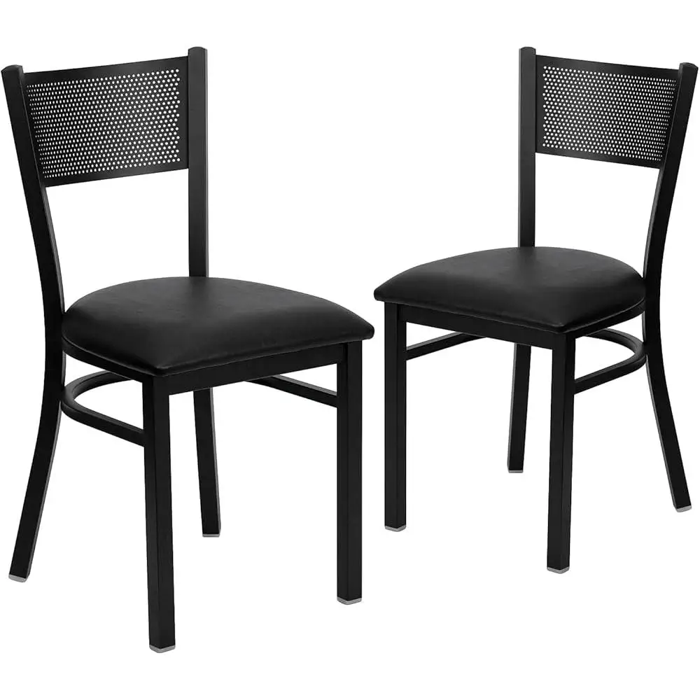 2 Pack Black Metal Restaurant Chairs Grid Back Design Vinyl Seat Heavy Duty Dining Chairs Home and Café Use