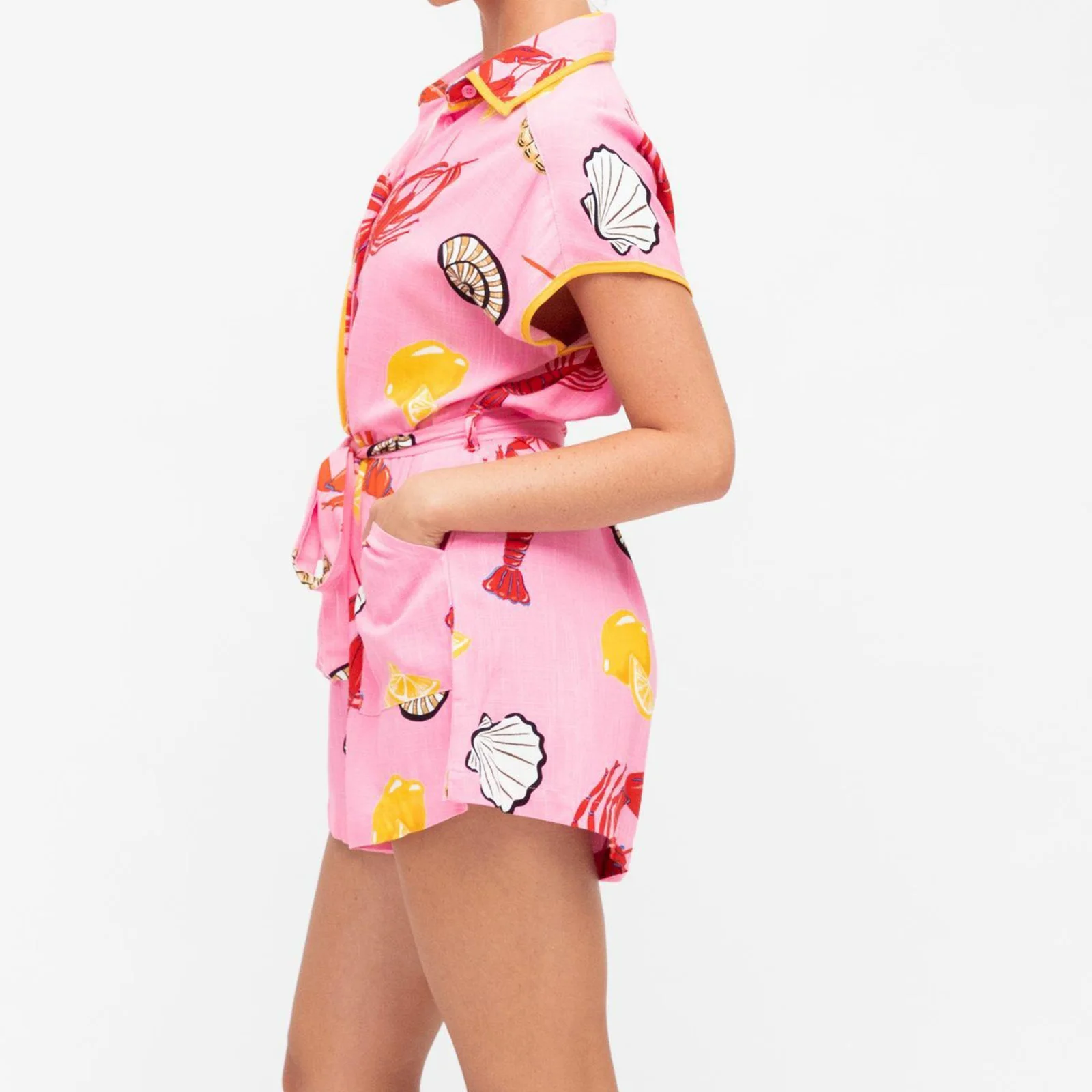 Mono corto informal de verano para mujer, pelele con botones y manga corta con cuello y estampado de concha de langosta, con bolsillos y cinturón