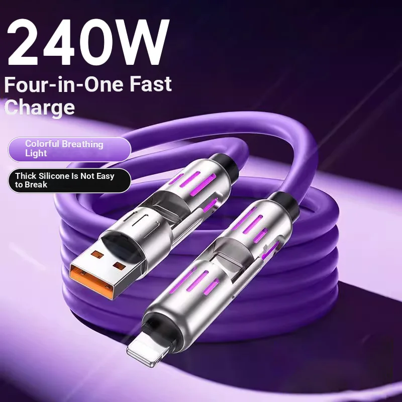 

XXM 240W 4-in-1 LED Charging Cable, USB Type C Fast Charge Cable with Breathing Light Tangle-Free Silicone for iPhone Samsung