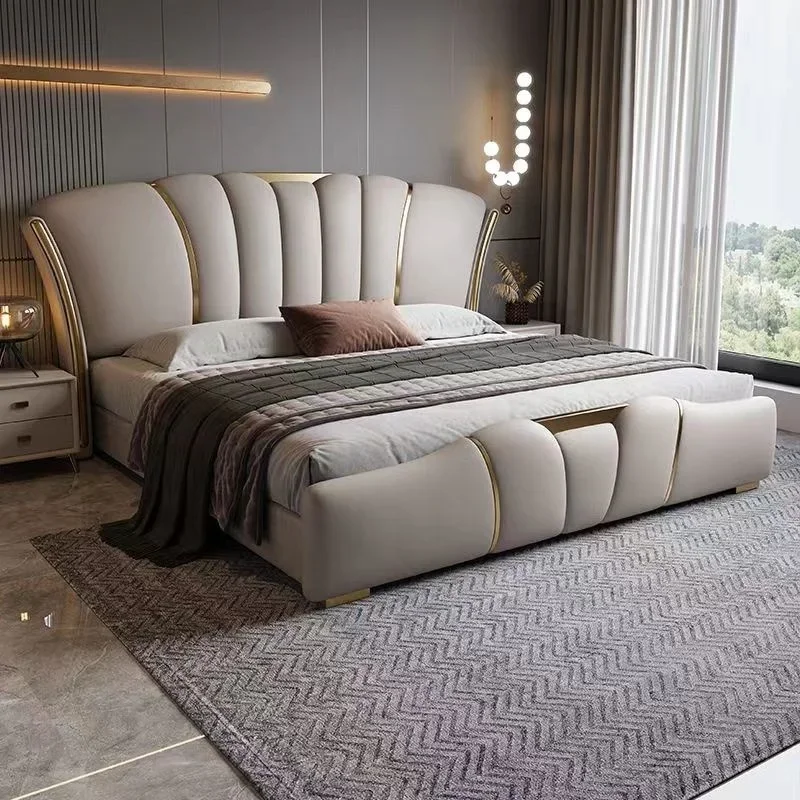 Modern Italian light luxury leather bed Master bedroom double bed minimalist high-end luxury atmosphere soft package wedding bed