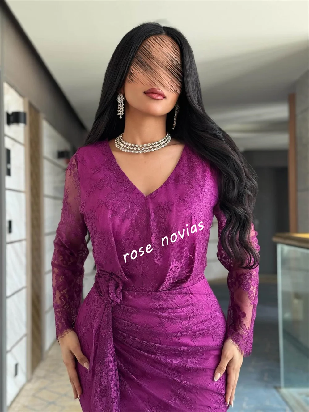 Customized Lace Handmade Flower Pleat V-neck Mermaid Chic Violet Evening Dress Bespoke Occasion  Elegant Party Wedding Charming
