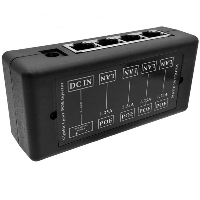 Adaptador de corriente POE de plástico para cámaras IP de vigilancia CCTV, inyector negro de 4 puertos, alimentación sobre adaptador Ethernet, 1 unidad