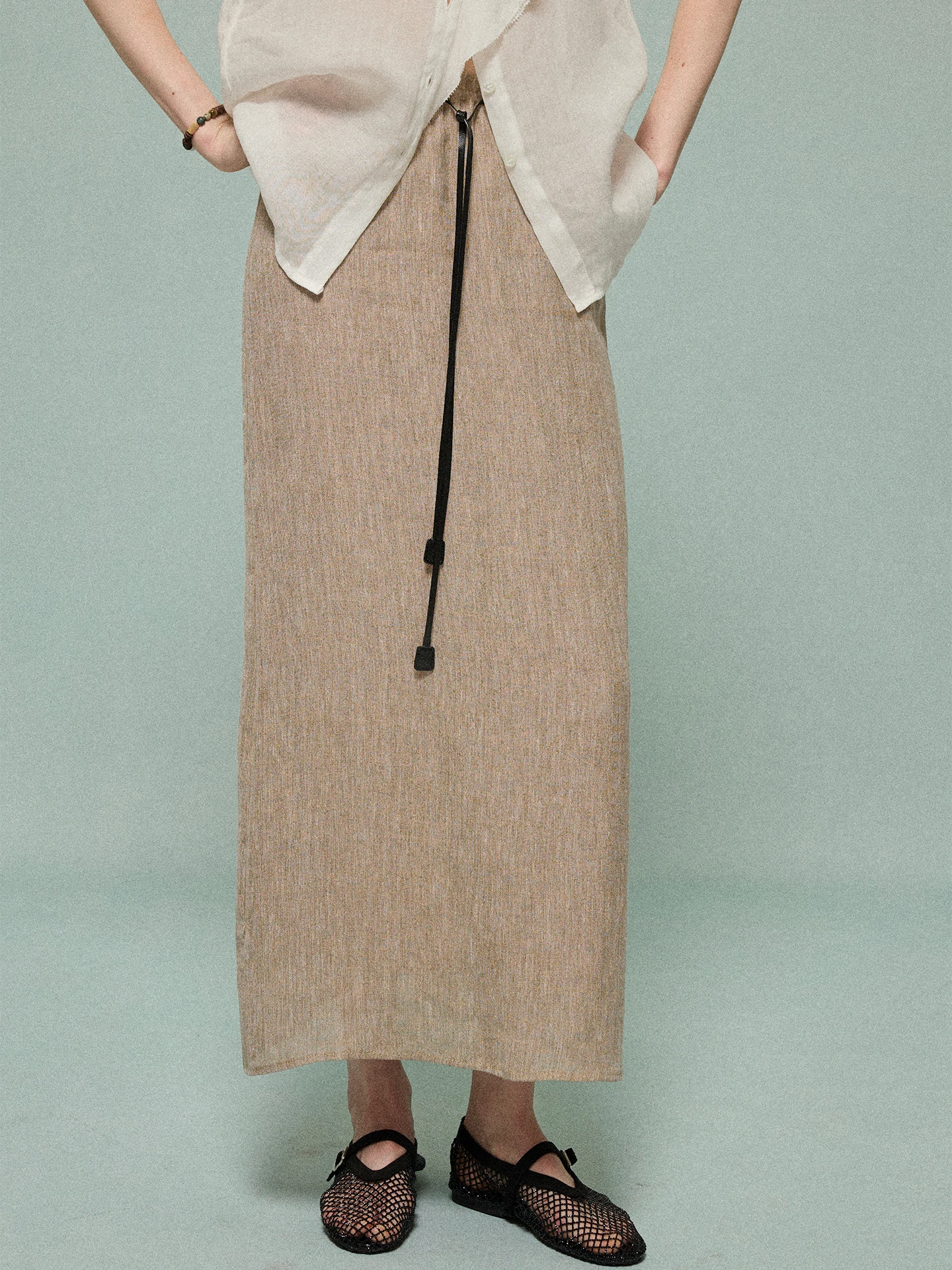 Moofeel Linen Straight Tube Half Skirt Minimalist Commute Long Skirt Wood Grain  Waist Cinching New 2026 Ladies Skirt