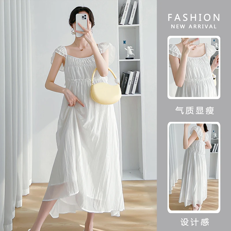 2024 Summer Petal Sleeve Maternity Party Dress Shoulderless High Waist Pregnant Woman White Wedding Dresses Elegant Lady Clothes