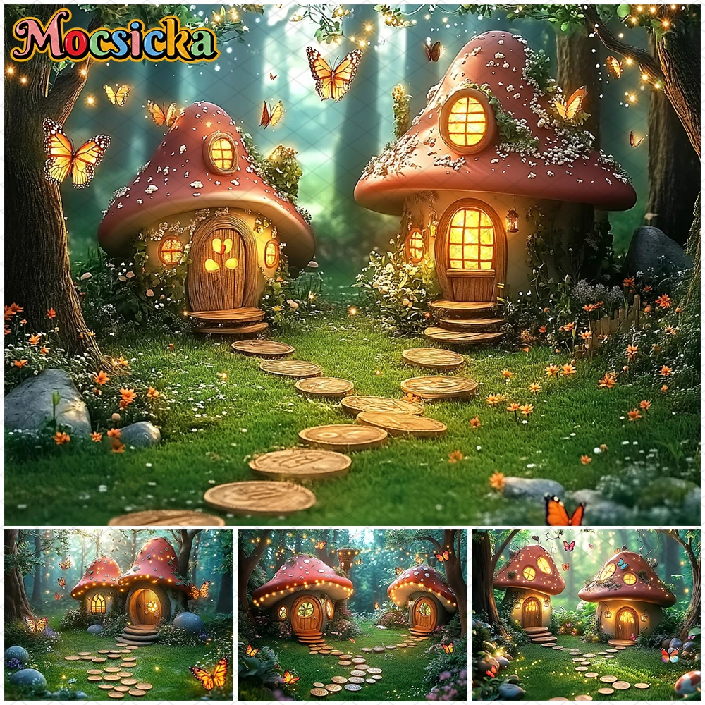 Mocsicka Mushroom House Photography Background Spring Baby Shower Birthday Party Backdrops Green Grassland Pattern Decors Banner