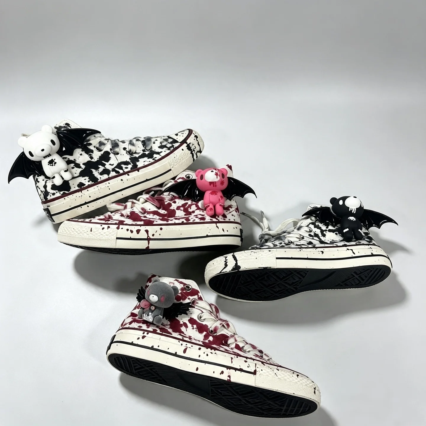 Gothic Y2K High Top Canvas Sneakers Blood Splatter Print Gloomy Bear Bat Wing Decor Punk Unisex Couple Skate Shoes