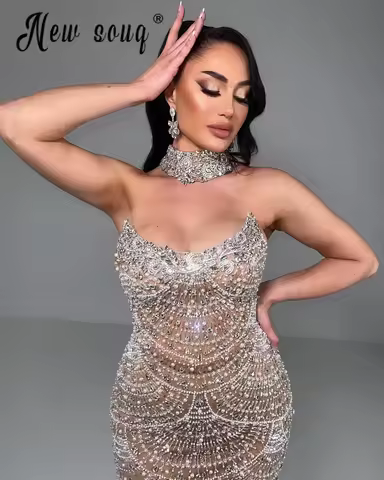 Shiny Champagne Sleeveless Mermaid Party Dress Luxury Evening Dresses Backless Sheath Gowns Wedding Guest Dress Customized 2025