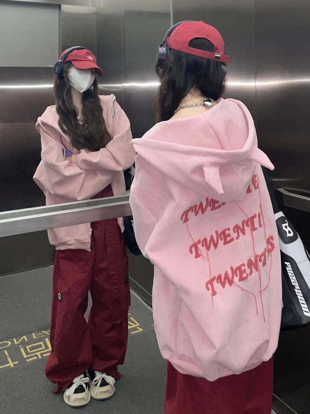 Retro Zipper Up Hoodie Y2K Clothes Pink Harajuku Hip Hop Oversized Little Devil Hoodie Sweatshirt Women Casual Zip Jacket Tops
