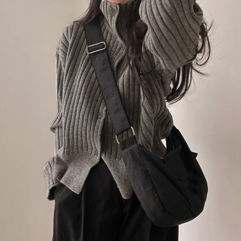 Deeptown Turtleneck Vintage Gray Cardigan Korean Style Knitted Sweater Women Japanese Harajuku Fashion Button Knitwear Autumn