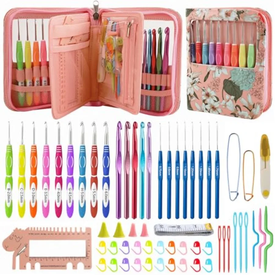 

Набор из 60 эргономичных крючков для вязания с дорожным футляром - алюминиевые крючки для начинающих и профессионалов, подходят для людей с артритом