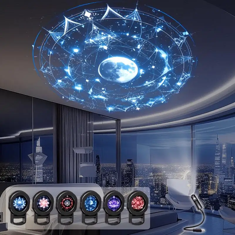 Dreamy Starry Sky Mandala Decorative LED Projection Lamp With 3/6 Pcs Projection Patterns Ceiling Decorative Night Light