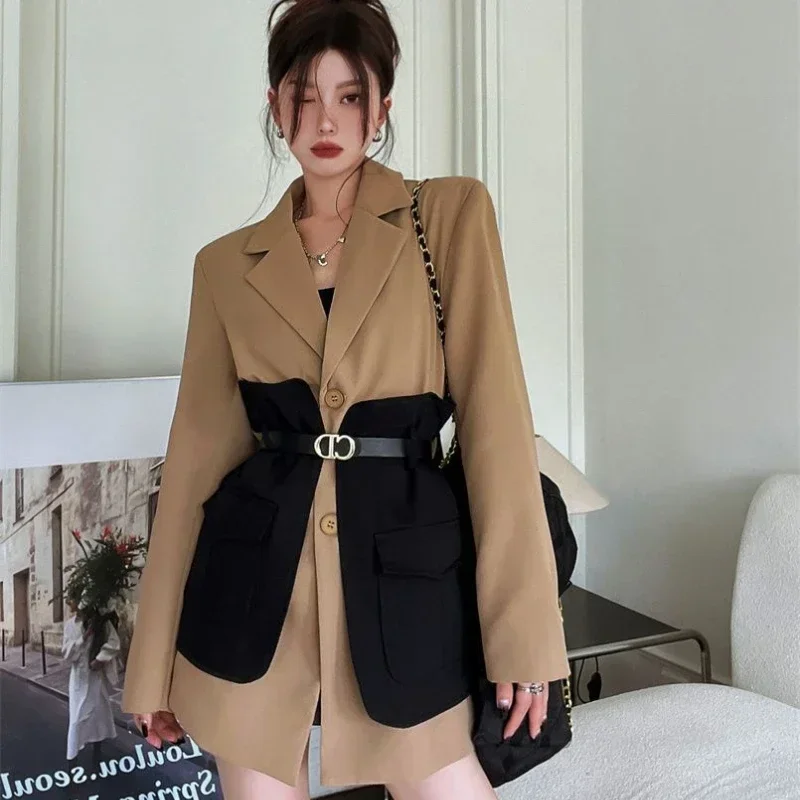 Blazer Women Fashion New Loose Spliced Pocket Korean Single Breasted Blazer Mujer Female with Belt Jacket Women 2026
