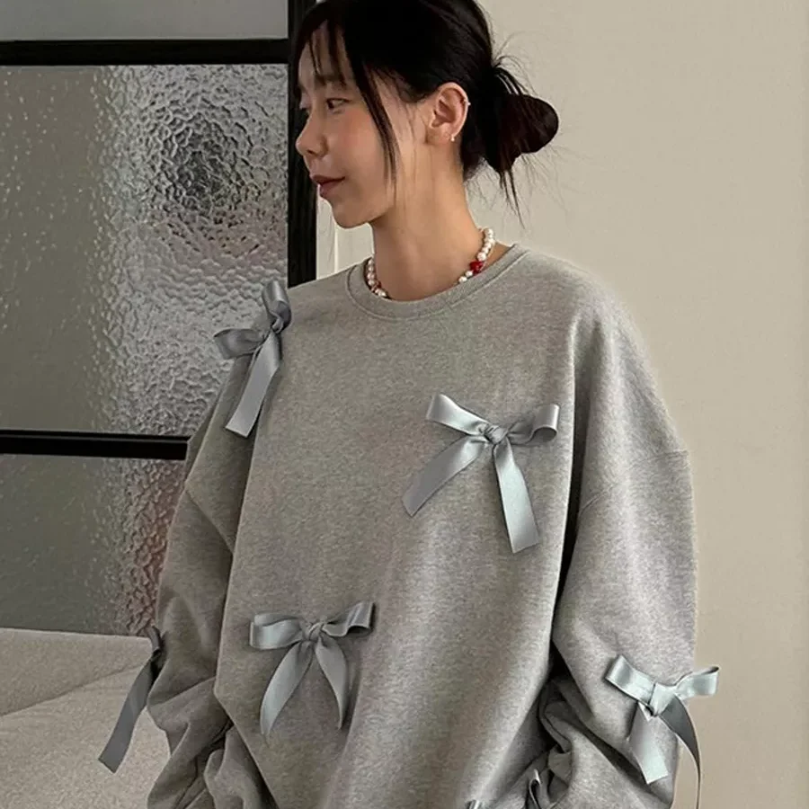 

Autumn Winter New Trend Bright Line Decoration Bow O-neck Oversized All-match Temperament Fleece Sweatshirts Femme Pullovers