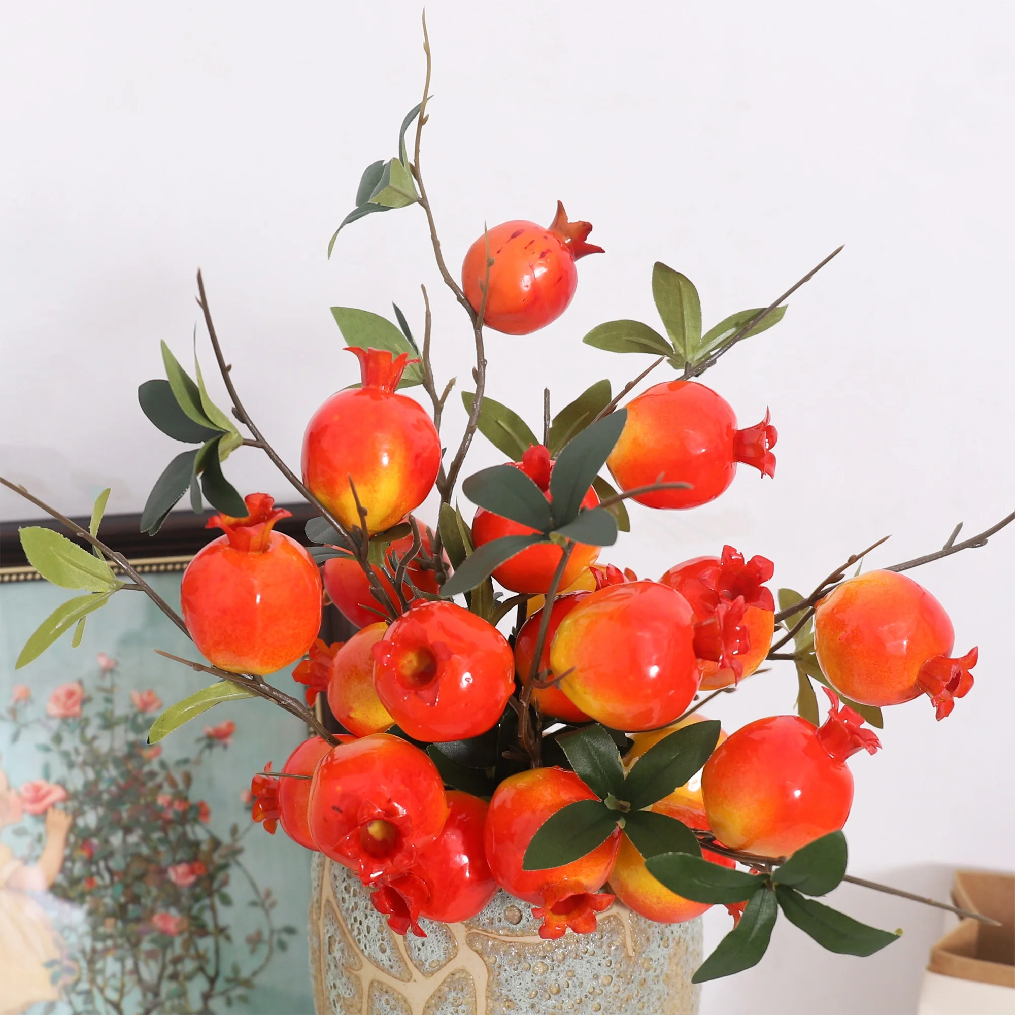 Artificial Pomegranate Long Branch Fruit Persimmon Fake Flower For Wedding Party Tabel Vase Home Christmas New Year Decoration