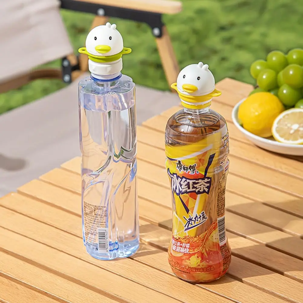 Cartoon Duck Baby Water Bottle Cap with Shoulder Strap Silicone Straw Bottle Replacement Lid Twist Cover Cap Straw Lid